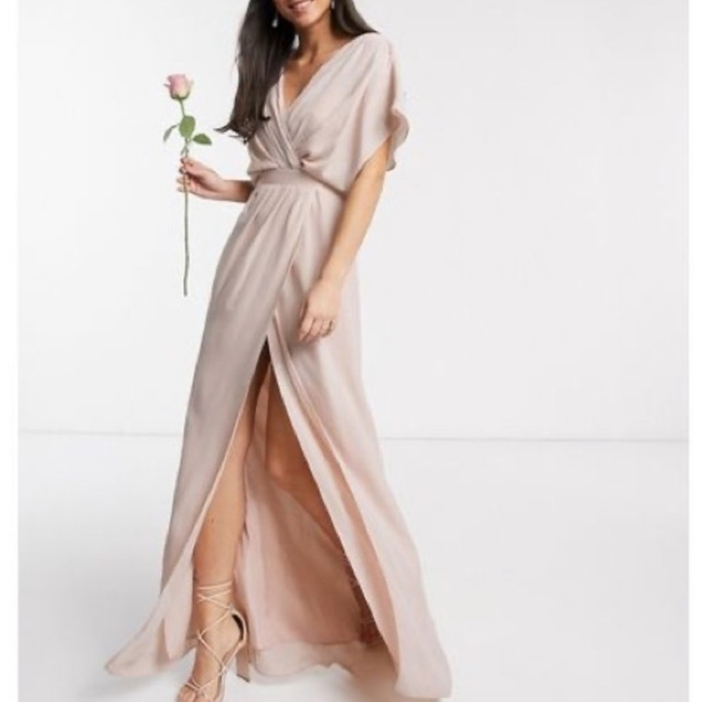 ASOS Pink Wrap Maxi Dress with Flutter Sleeves and Plunge Neckline
